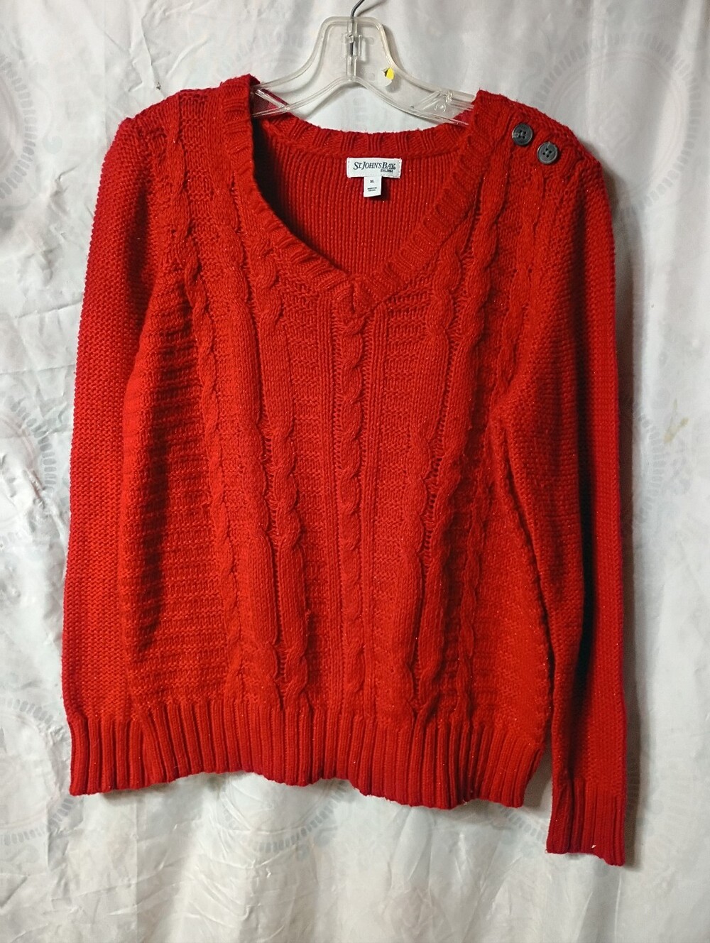 St. John's Bay Bright Red Cable-Knit V-Neck Sweater with Shoulder Buttons